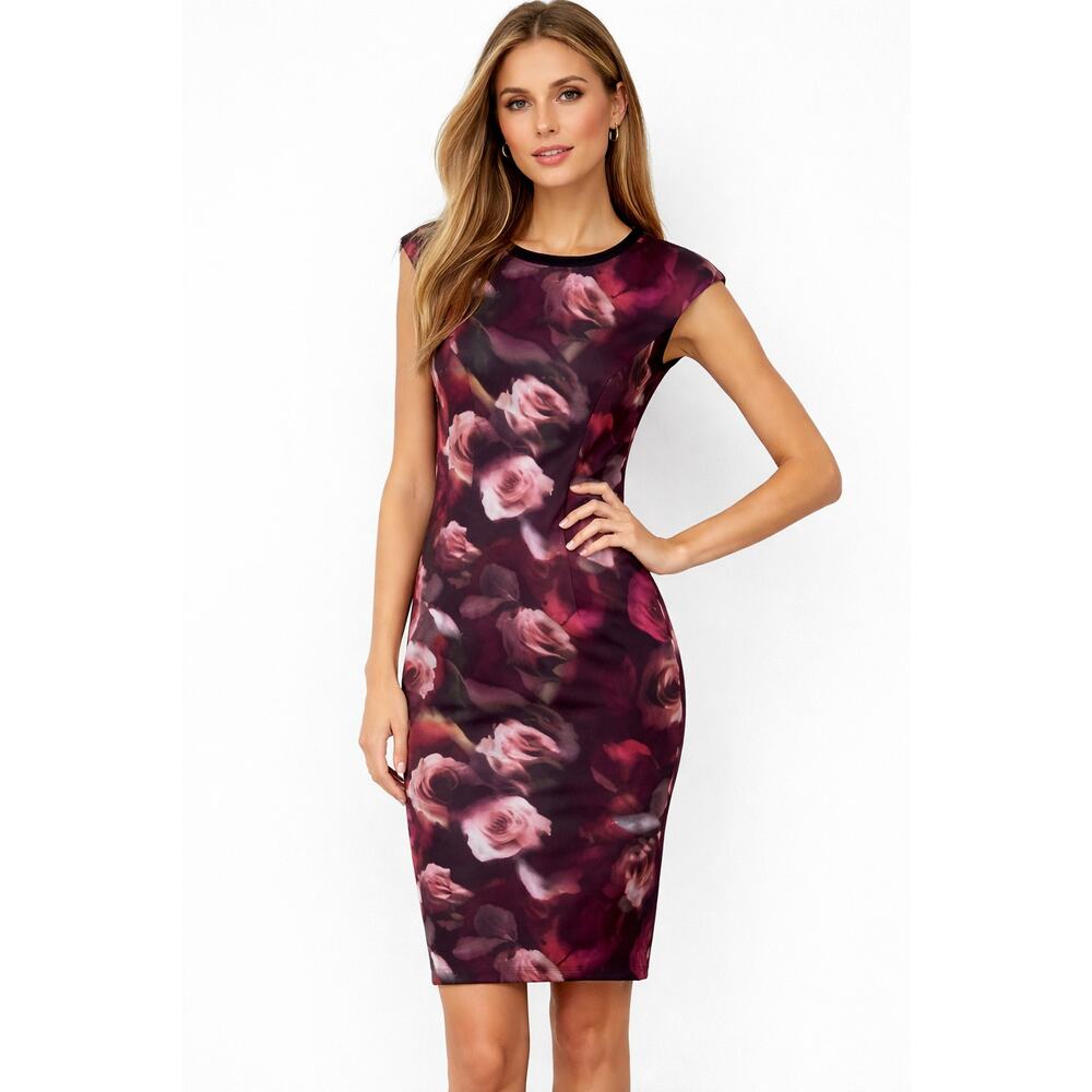 Maggy London Flower red and black dress cap sleeves Size 8